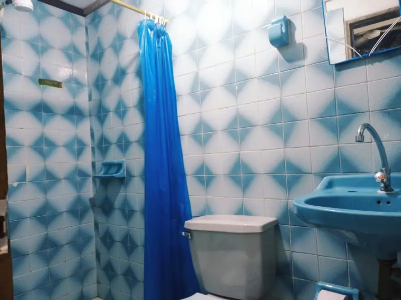 A small bathroom with blue diamond-pattern tiles, a blue shower curtain, a white toilet and a blue sink