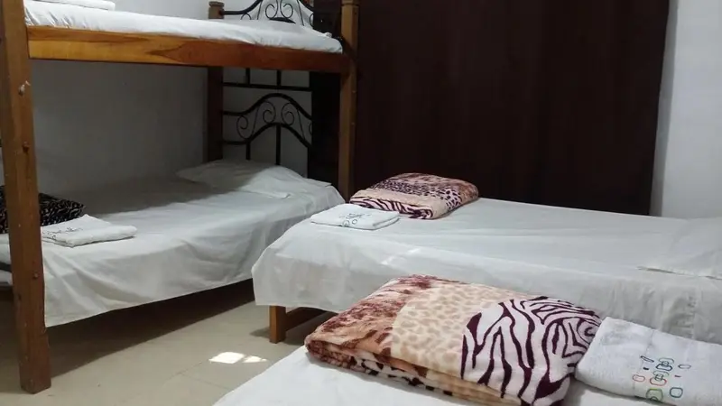 A wooden bunk bed and a single bed made up with white sheets and patterned blankets