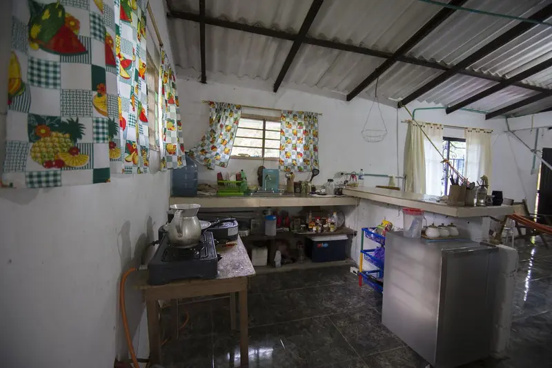 The kitchen with patterned tiles behind the counter, shelves, a stove and windows